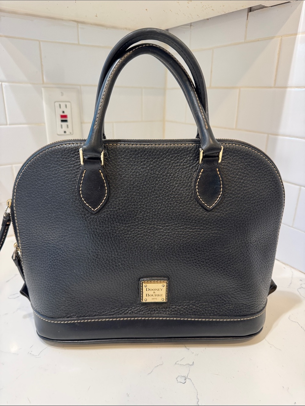 Dooney & Bourke Black Pebbled Dome Satchel with Gold Hardware